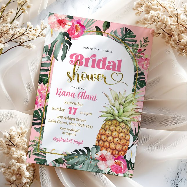 Invitation Fête de mariage tropicale florale rose avec ananas (Créateur téléchargé)
