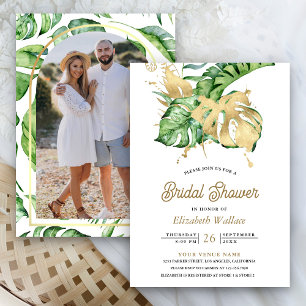 Invitation Fête de mariage tropicale Monstera dorée avec palm