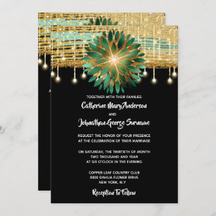 Invitation Fête de mariage turquoise en or noir floral
