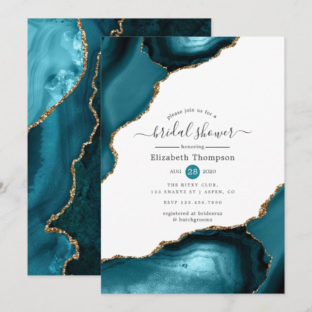 Invitation Fête de mariage turquoise et agate dorée (Devant / Derrière)