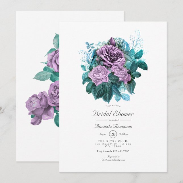 Invitation Fête de mariage turquoise et lavande florale (Devant / Derrière)