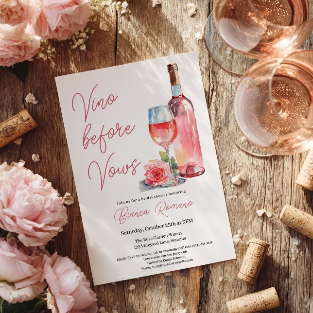 Invitation Fête de mariage Vino Before Vows avec du vin rosé  (Modern Rosé Wine Vino Before Vows Bridal Shower Invitation)