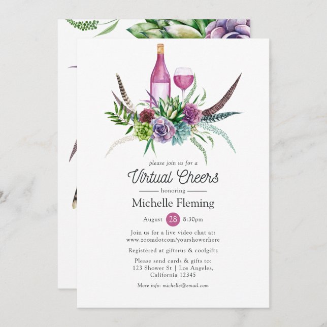 Invitation Fête de mariage virtuelle avec du vin de succulent (Devant / Derrière)