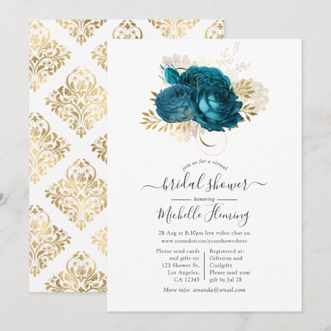 Invitation Fête de mariage virtuelle Turquoise et Or Floral (Devant / Derrière)