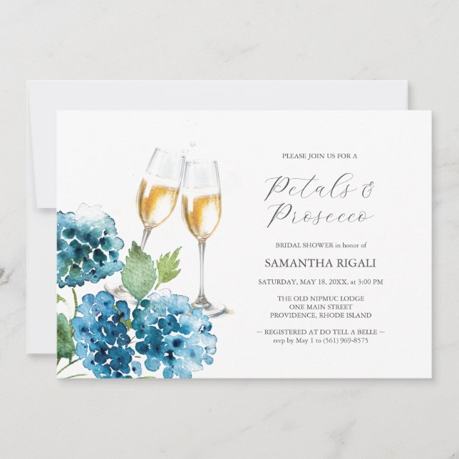 Invitation Fête de mariage Watercolor Blue Petals & Prosecco (Devant)