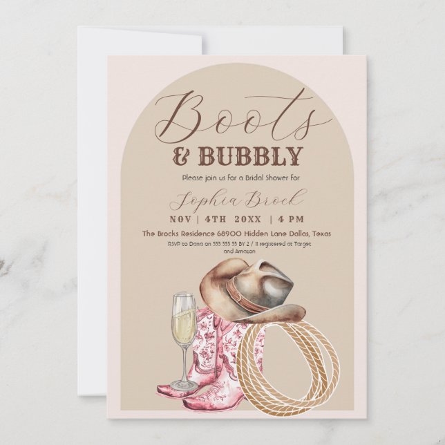 Invitation Fête de mariage western Marron Boots and Bubbly (Devant)