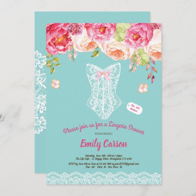 Invitation Fête de mariée en dentelle turquoise (Devant / Derrière)