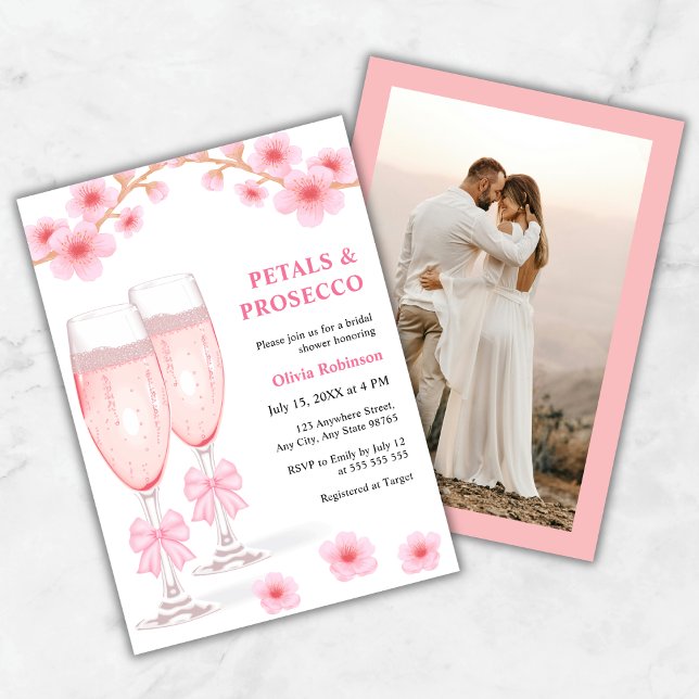 Invitation Fête de Mariée Photo Fleurs Roses et Prosecco (Photo Pink Bow Floral Petals & Prosecco Bridal Shower Invitation )