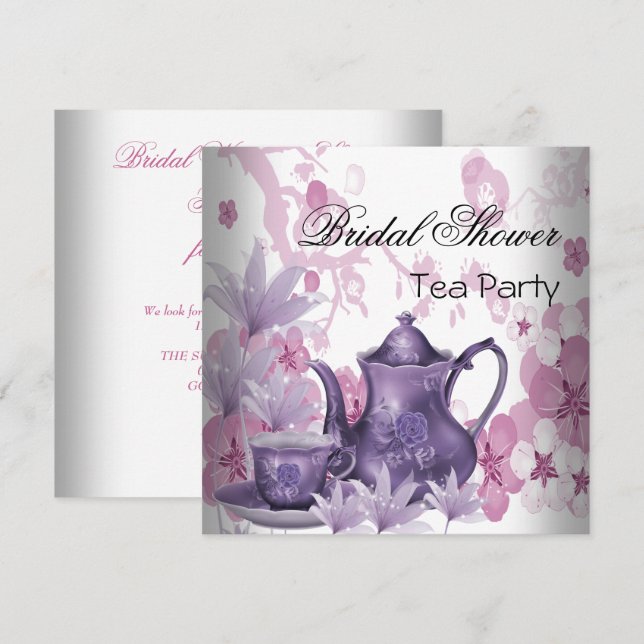 Invitation Fête de Mariée Rose Violet Thé Party (Devant / Derrière)