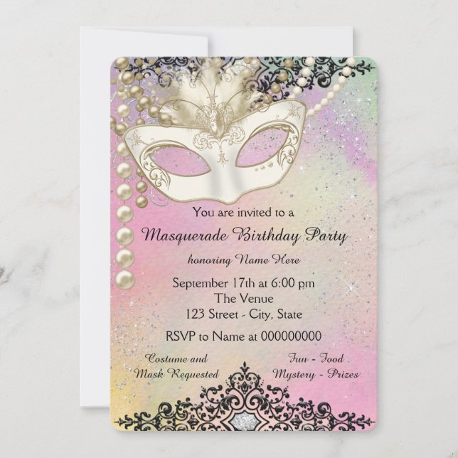 Invitation Fête de Mascarade à l'Aquarelle Perle (Devant)