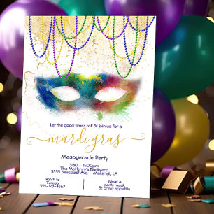 Invitation Fête de Mascarade Aquarelle Arc-en-Ciel Mardi Gras