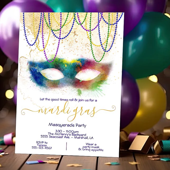 Invitation Fête de Mascarade Aquarelle Arc-en-ciel Mardi Gras (Créateur téléchargé)