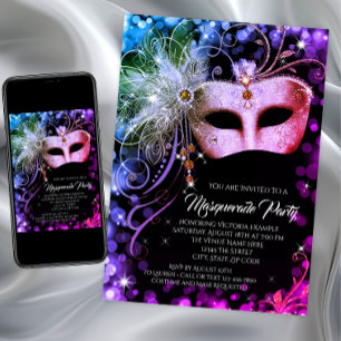 Invitation Fête de Mascarade Arc-en-Ciel Turquoise Violet