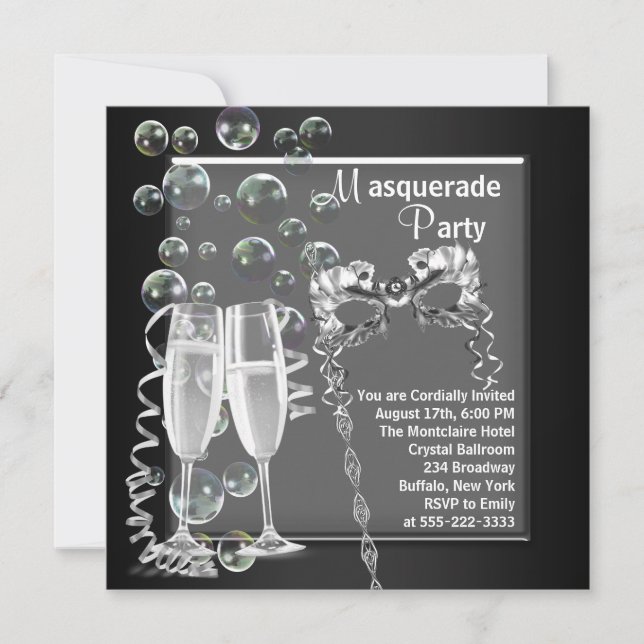 Invitation Fête de Mascarade Argent Champagne Noir (Devant)