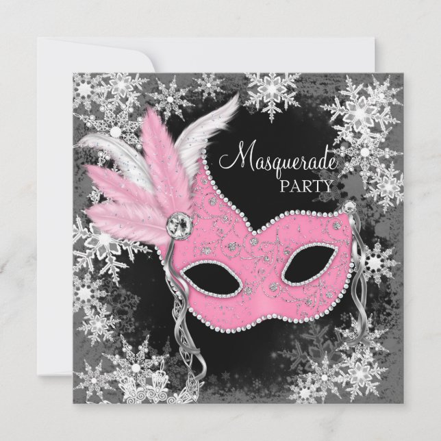 Invitation Fête de Mascarade au Flocon de Neige Rose (Devant)