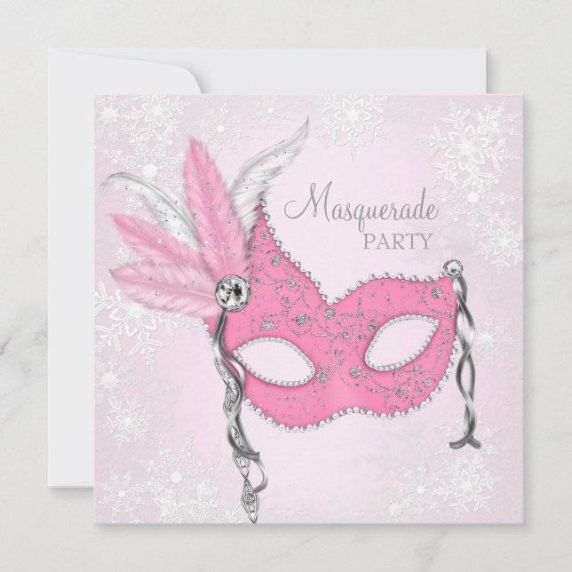 Invitation Fête de Mascarade au Flocon de Neige Rose (Devant)