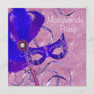 Invitation Fête de Mascarade Bleu Royal Rose Violet