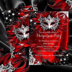Invitation Fête de Mascarade de Nuit Magique Étincelle Rouge 