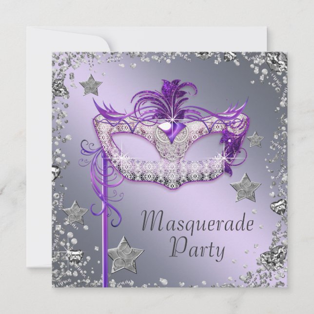 Invitation Fête de Mascarade Élégante Argent et Violet (Devant)