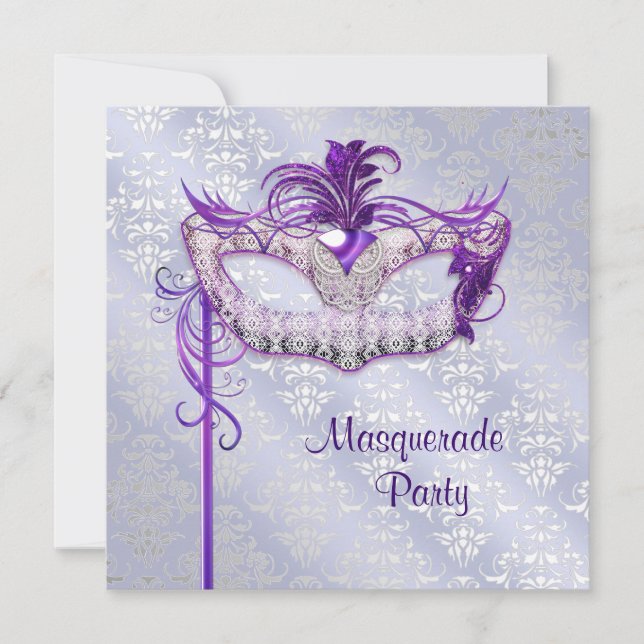Invitation Fête de Mascarade Élégante Argent Violet (Devant)