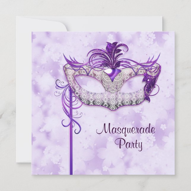 Invitation Fête de Mascarade Élégante Argent Violet (Devant)