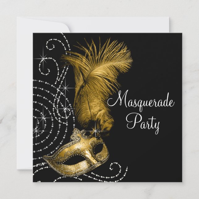 Invitation Fête de Mascarade Élégante Noire et Or (Devant)