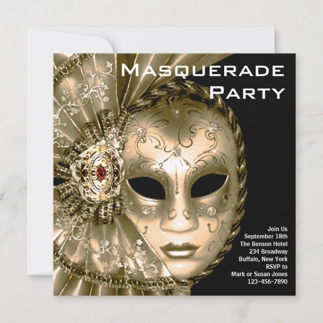 Invitation Fête de Mascarade Élégante Noire et Or (Devant)