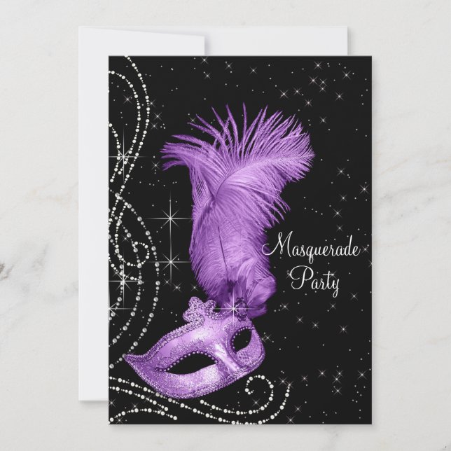 Invitation Fête de Mascarade Élégante Noire et Violette (Devant)
