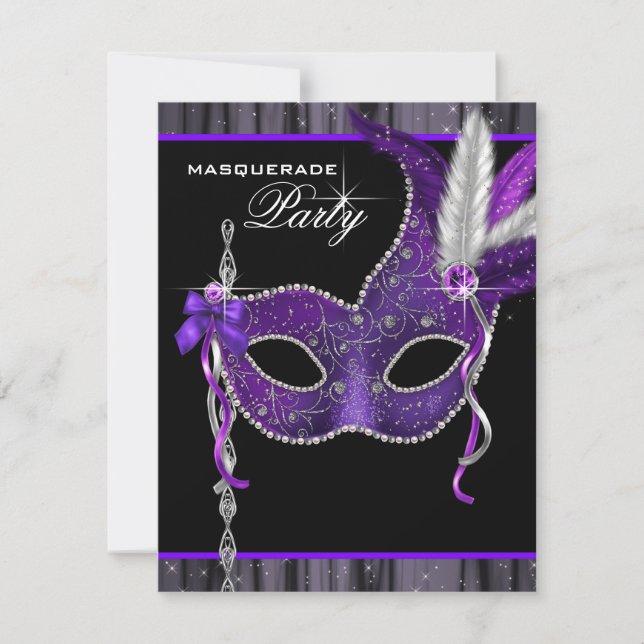 Invitation Fête de Mascarade Élégante Noire et Violette (Devant)