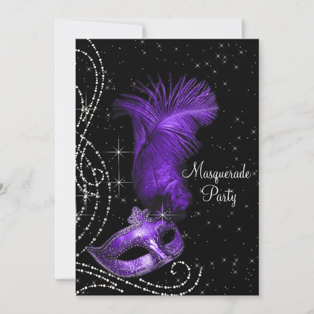 Invitation Fête de Mascarade Élégante Noire et Violette (Devant)
