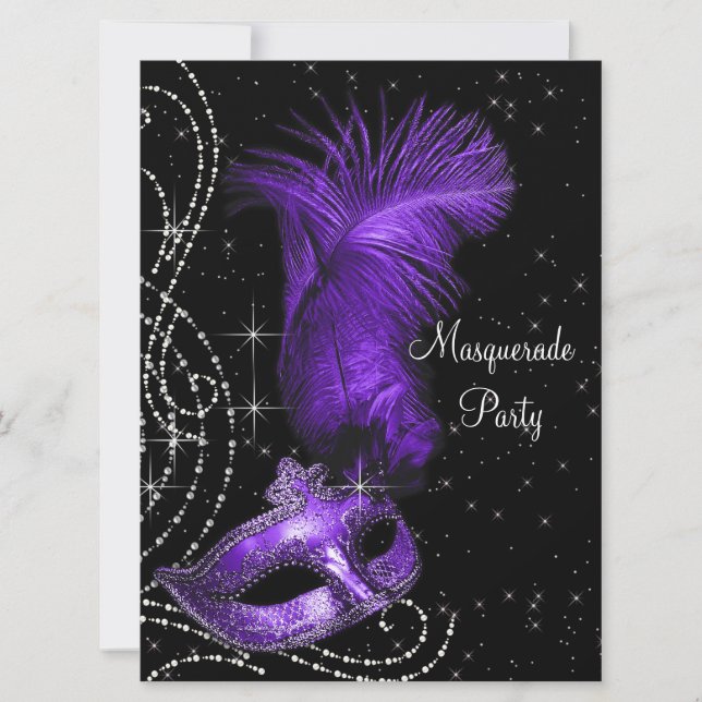 Invitation Fête de Mascarade Élégante Noire et Violette (Devant)
