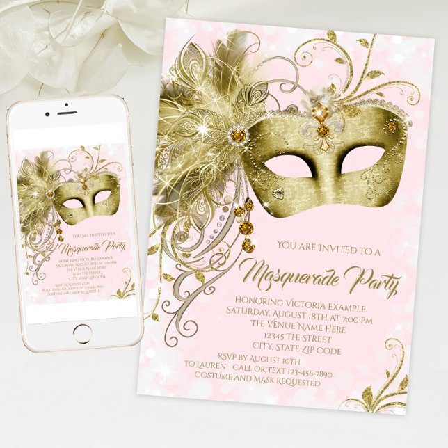 Invitation Fête de Mascarade Élégante Rose Or Pailleté (Pink and gold masquerade party invitation with elegant gold jewel mask. For download and print.)