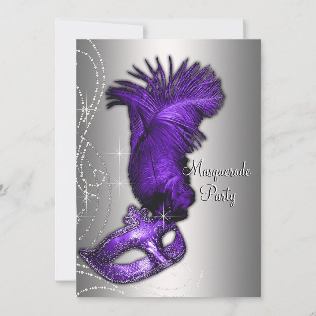 Invitation Fête de Mascarade Élégante Violette et Grise (Devant)