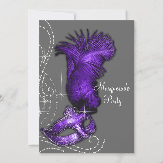 Invitation Fête de Mascarade Élégante Violette et Grise (Devant)