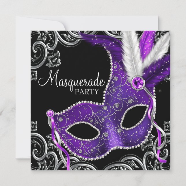 Invitation Fête de Mascarade Élégante Violette et Noire (Devant)