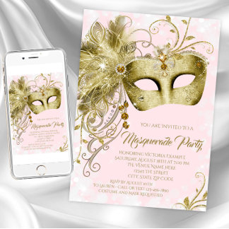 Invitation Fête de Mascarade en Or Rose Pailleté