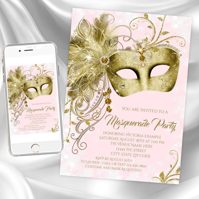 Invitation Fête de Mascarade en Or Rose Pailleté (Pink gold masquerade party invitation. Instant download and printed invitations available. )