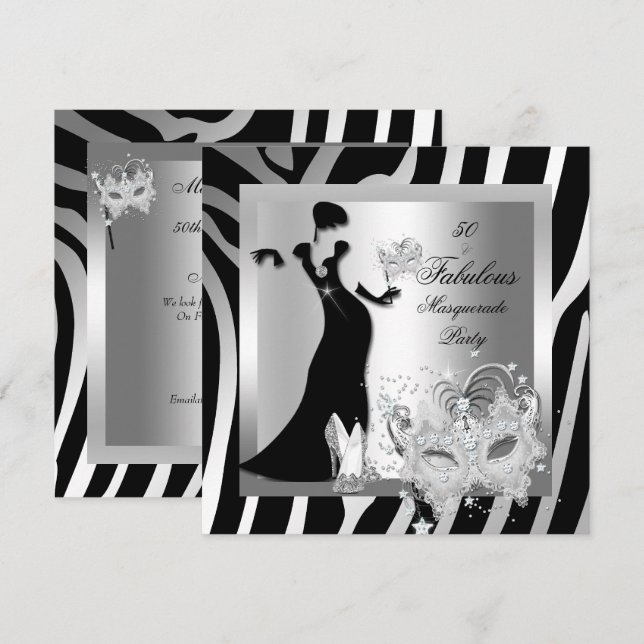 Invitation Fête de Mascarade Incroyable 50 Zèbre Argent (Devant / Derrière)