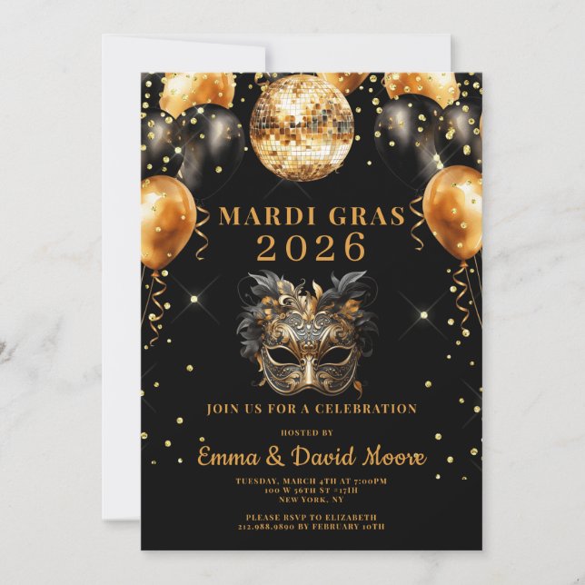 Invitation Fête de Mascarade Mardi Gras Noir Or Paillettes (Devant)