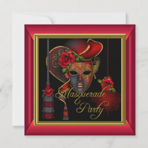 Invitation Fête de Mascarade Masques Rouges Or Noir Anniversa