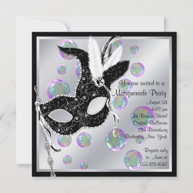 Invitation Fête de Mascarade Noir et Blanc à Bulles (Devant)