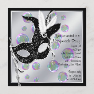 Invitation Fête de Mascarade Noir et Blanc à Bulles