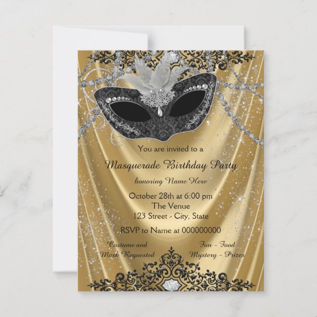 Invitation Fête de Mascarade Noir et Or Élégante (Devant)