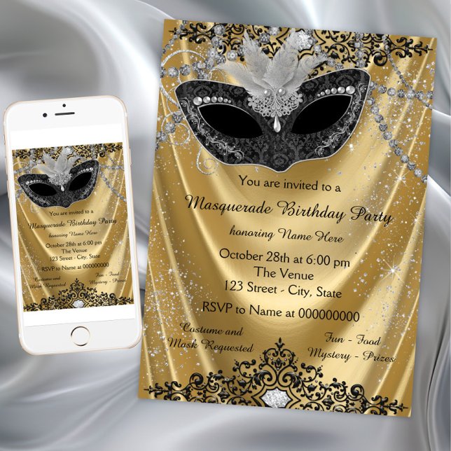 Invitation Fête de Mascarade Noir et Or Élégante (Elegant any occasion black gold masquerade party invitation. Simply add your event details.)