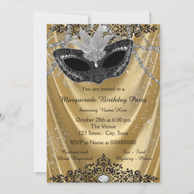 Invitation Fête de Mascarade Noir et Or Élégante (Devant)