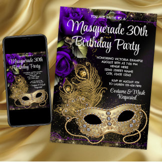 Invitation Fête de Mascarade Or et Violet