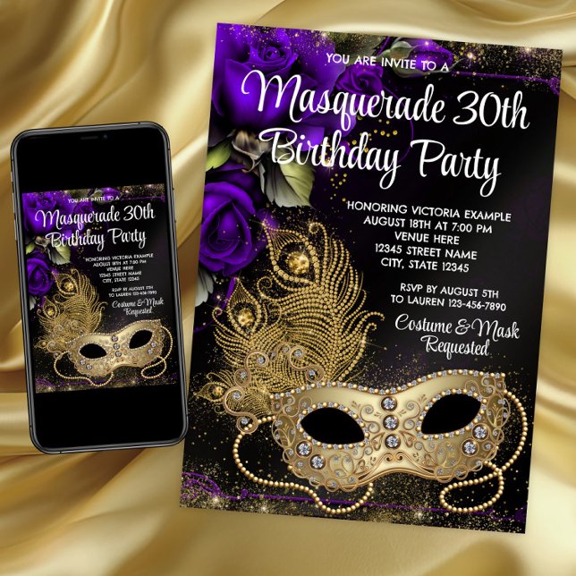 Invitation Fête de Mascarade Or et Violet (Purple and gold masquerade party and event invitation. Any number birthday. Download and printed.)