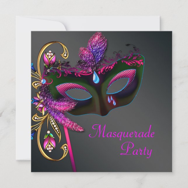 Invitation Fête de Mascarade Or Noir Rose Chaud (Devant)