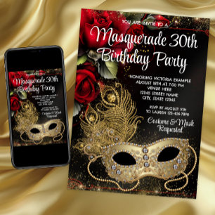 Invitation Fête de Mascarade Or Rouge