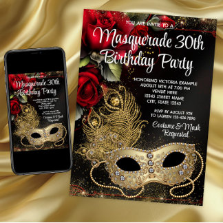 Invitation Fête de Mascarade Or Rouge